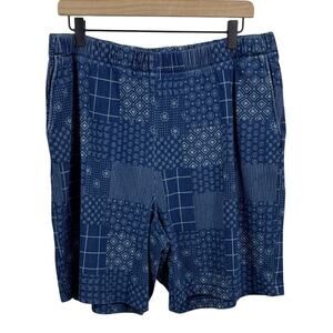 Lands' End Indigo Patchwork Sport Knit High Rise Shorts Women’s Size XL Blue